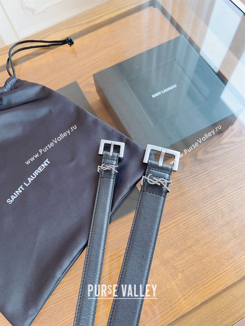 Saint Laurent Cassandra Calfskin Belt Width 2cm Black/Silver 2024 (YANG-24070402)