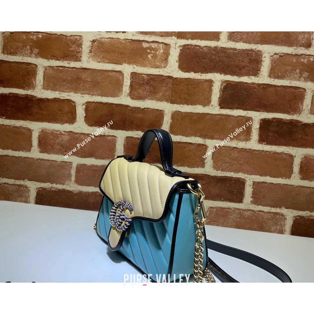 Gucci GG Marmont Leather Mini Bag 446744 Pastel Blue/Apricot 2021 (DLH-21072613)