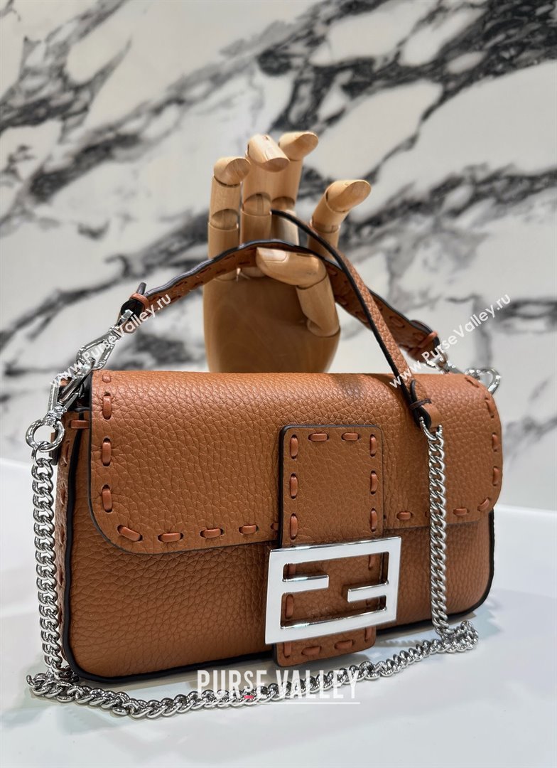 Fendi Baguette Mini Selleria bag with topstitches in Grained Calfskin Caramel Brown 2024 8610S (CL-241213005)