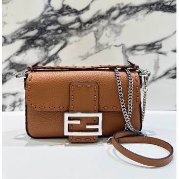 Fendi Baguette Mini Selleria bag with topstitches in Grained Calfskin Caramel Brown 2024 8610S (CL-241213005)