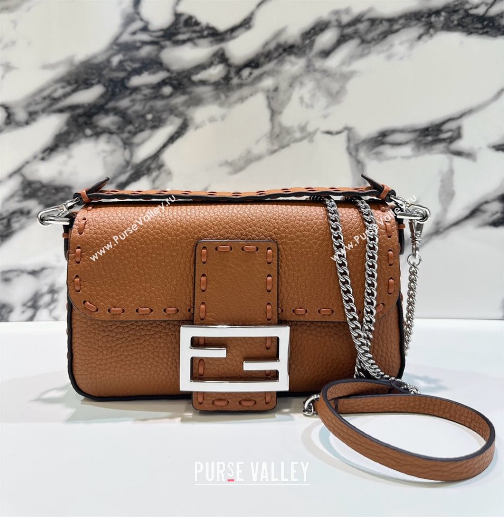 Fendi Baguette Mini Selleria bag with topstitches in Grained Calfskin Caramel Brown 2024 8610S (CL-241213005)