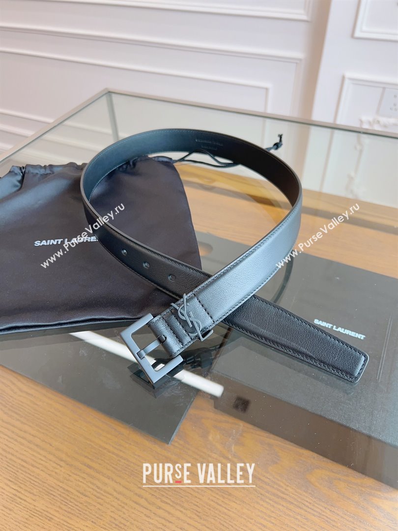 Saint Laurent Cassandra Calfskin Belt Width 3cm Black/Black 2024 (YANG-24070404)