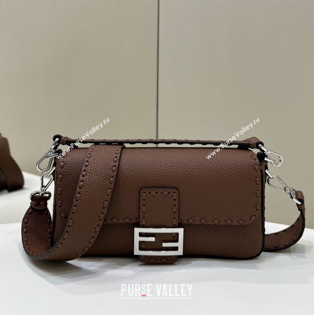 Fendi Regular Selleria Baguette bag with topstitches in Grained Calfskin Dark Brown 2024 8610M (CL-241213011)