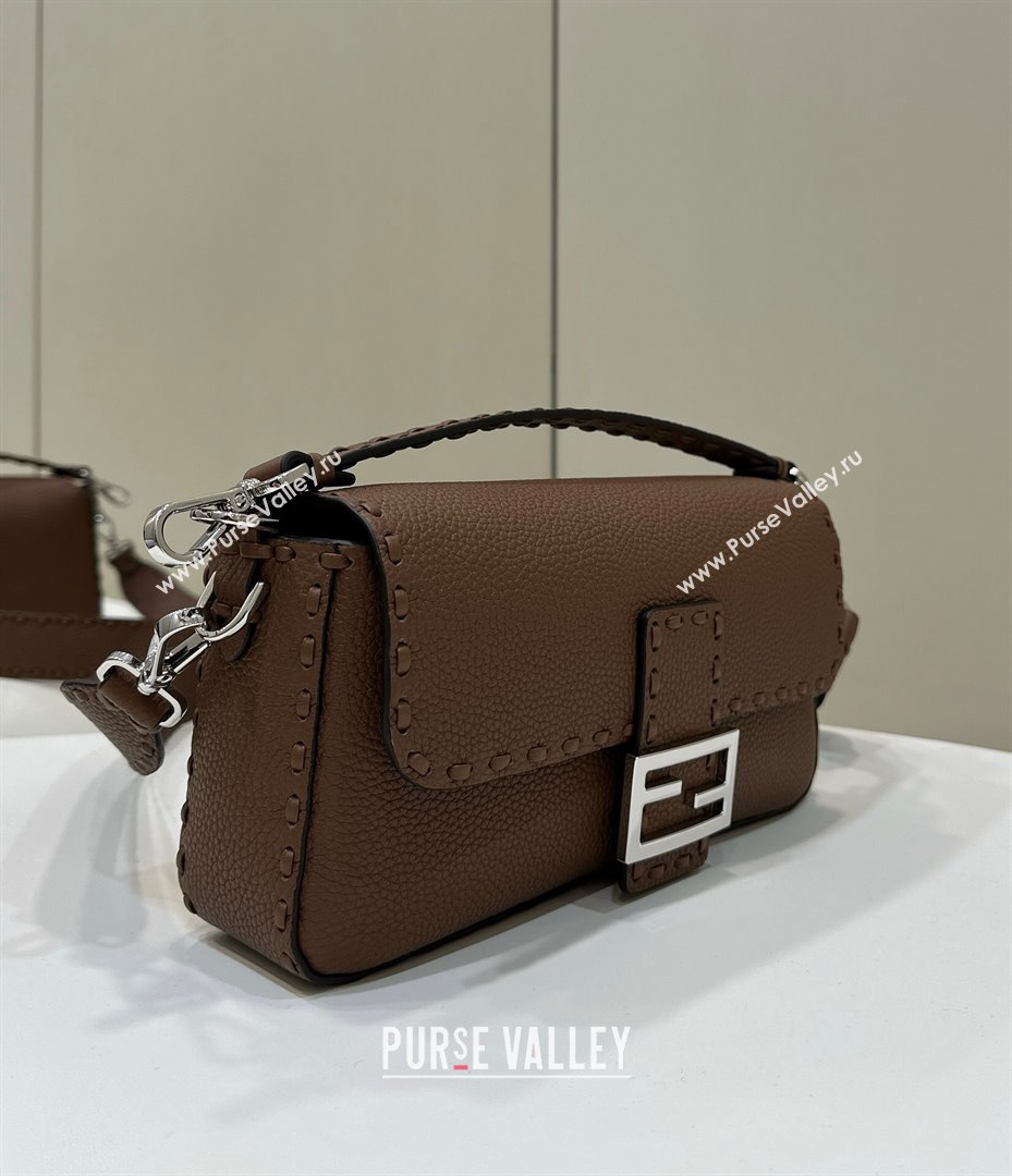 Fendi Regular Selleria Baguette bag with topstitches in Grained Calfskin Dark Brown 2024 8610M (CL-241213011)