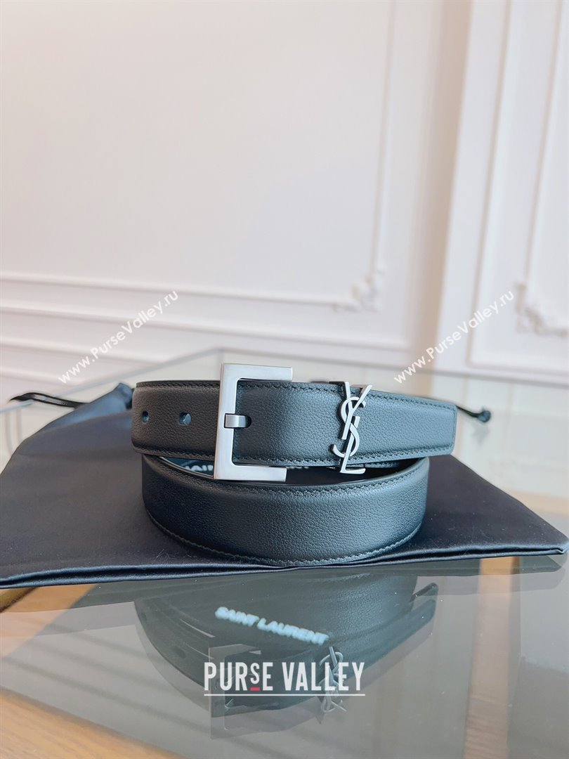 Saint Laurent Cassandra Calfskin Belt Width 3cm Black/Silver 2024 (YANG-24070405)