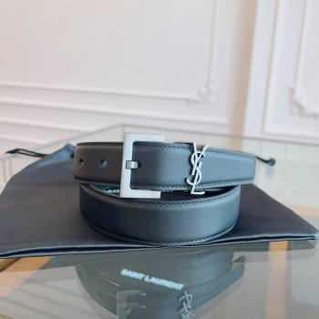 Saint Laurent Cassandra Calfskin Belt Width 3cm Black/Silver 2024 (YANG-24070405)