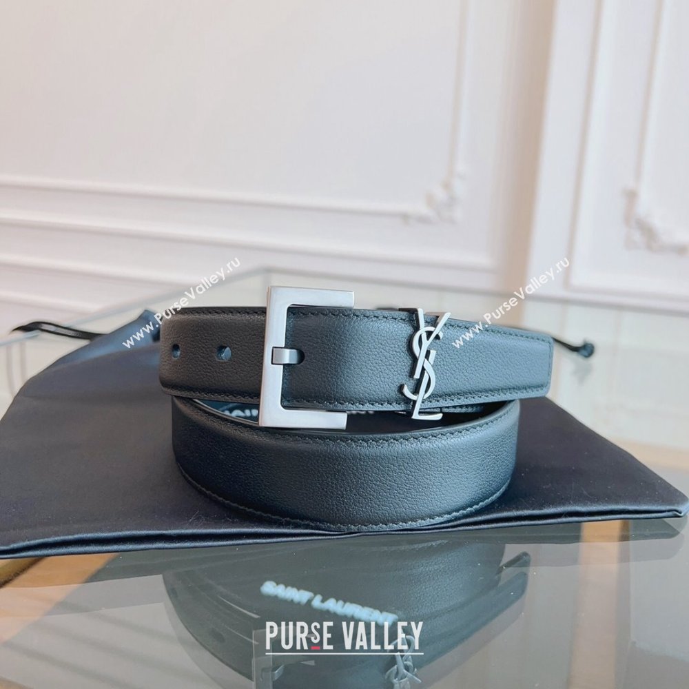 Saint Laurent Cassandra Calfskin Belt Width 3cm Black/Silver 2024 (YANG-24070405)