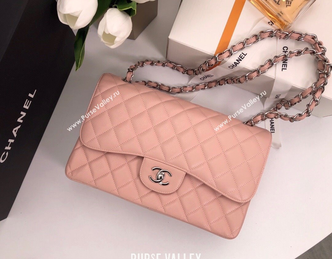 Chanel Quilted Grained Calfskin Jumbo Flap Bag 30cm A01113 Pink/Silver 2024 (YUND-24111901)