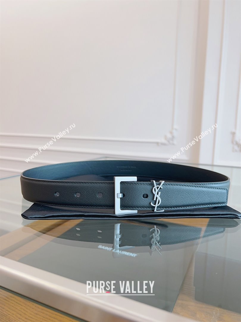 Saint Laurent Cassandra Calfskin Belt Width 3cm Black/Silver 2024 (YANG-24070405)