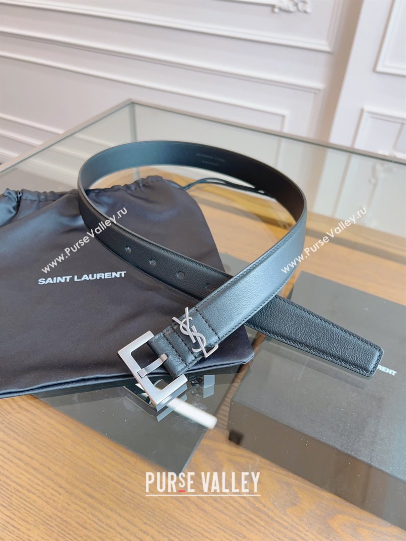 Saint Laurent Cassandra Calfskin Belt Width 3cm Black/Silver 2024 (YANG-24070405)