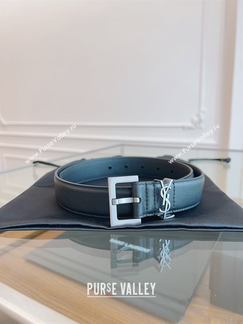 Saint Laurent Cassandra Calfskin Belt Width 3cm Black/Silver 2024 (YANG-24070405)