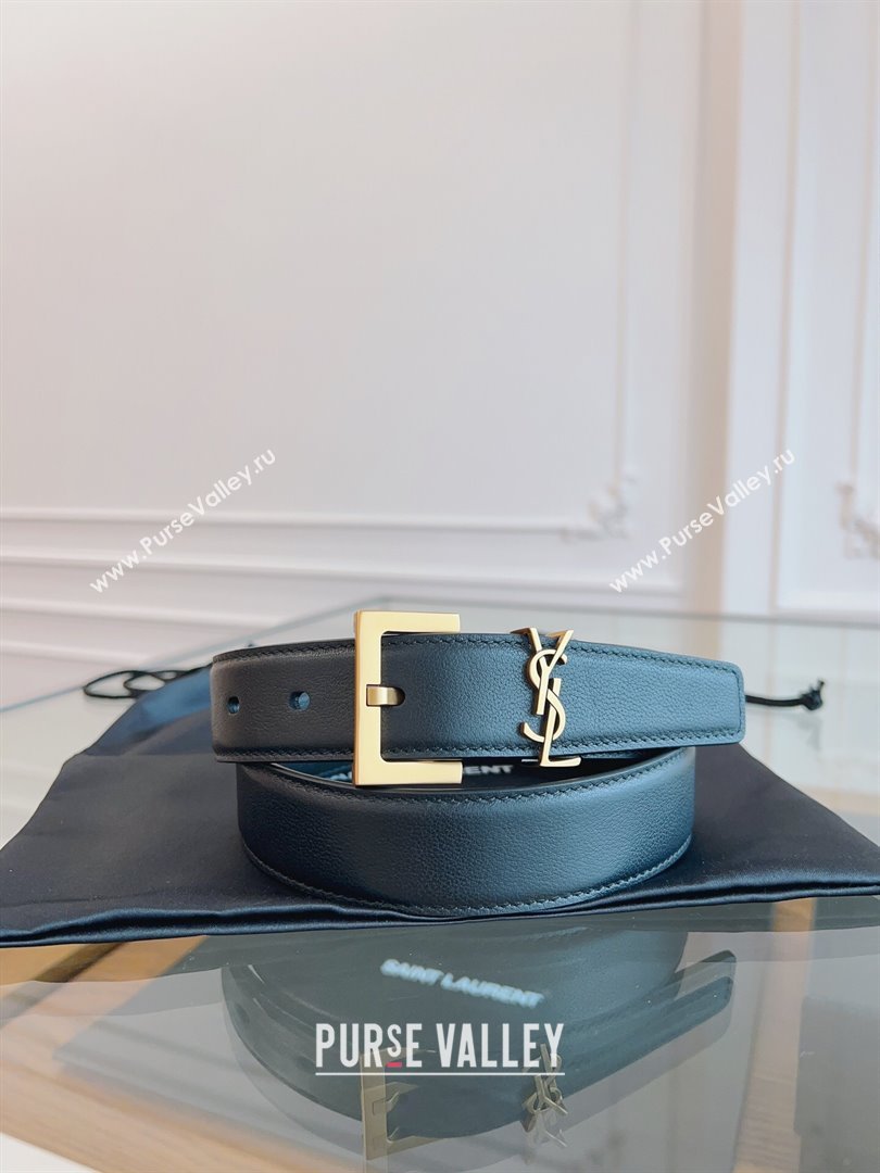 Saint Laurent Cassandra Calfskin Belt Width 3cm Black/Gold 2024 (YANG-24070406)