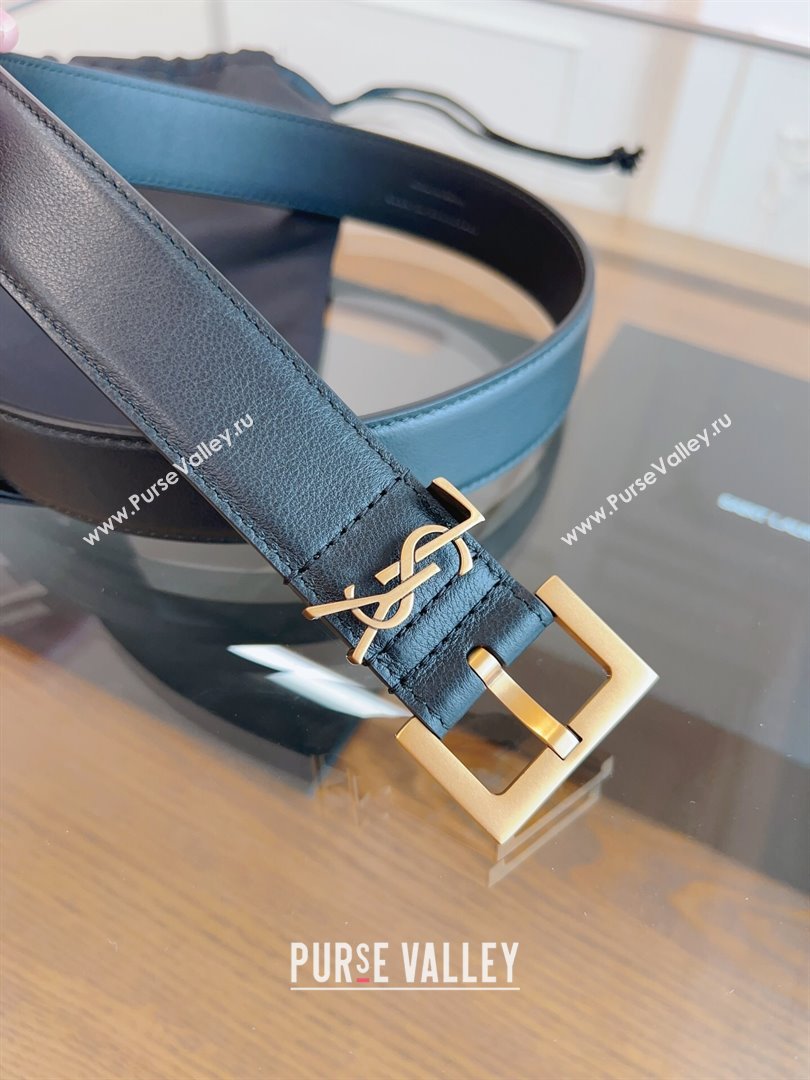 Saint Laurent Cassandra Calfskin Belt Width 3cm Black/Gold 2024 (YANG-24070406)