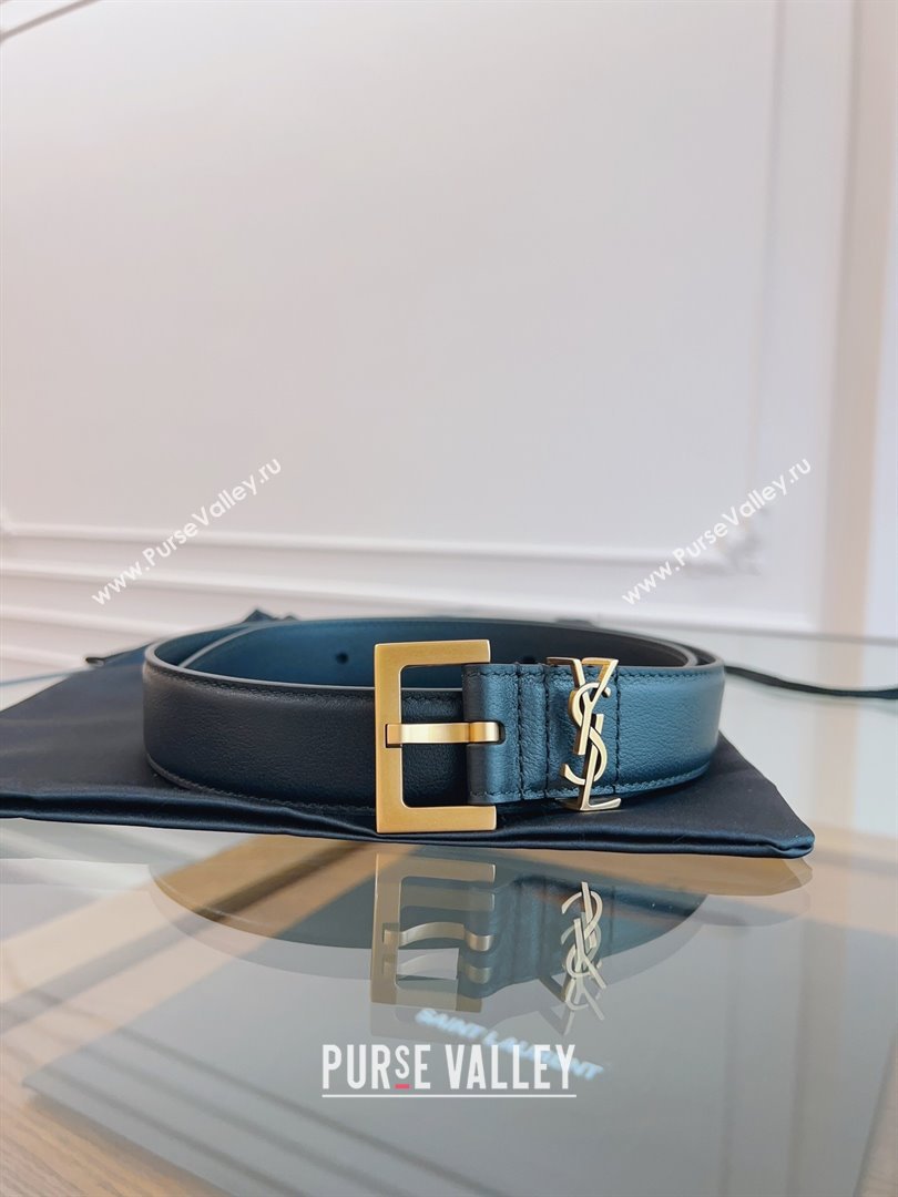 Saint Laurent Cassandra Calfskin Belt Width 3cm Black/Gold 2024 (YANG-24070406)