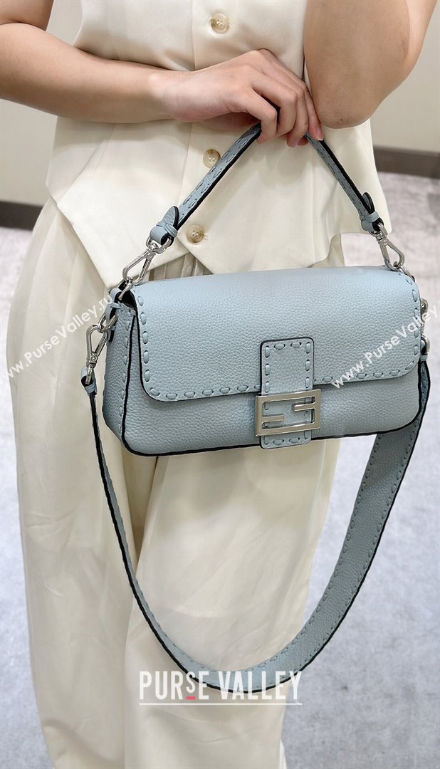 Fendi Regular Selleria Baguette bag with topstitches in Grained Calfskin Light Blue 2024 8610M (CL-241213013)