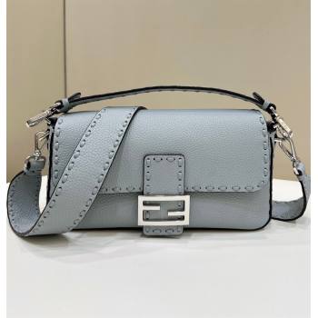 Fendi Regular Selleria Baguette bag with topstitches in Grained Calfskin Light Blue 2024 8610M (CL-241213013)