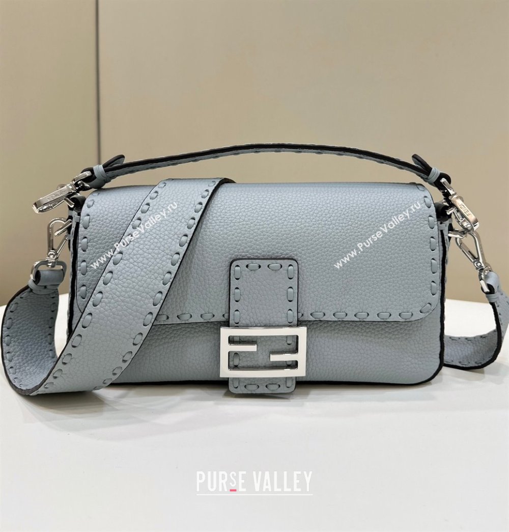 Fendi Regular Selleria Baguette bag with topstitches in Grained Calfskin Light Blue 2024 8610M (CL-241213013)