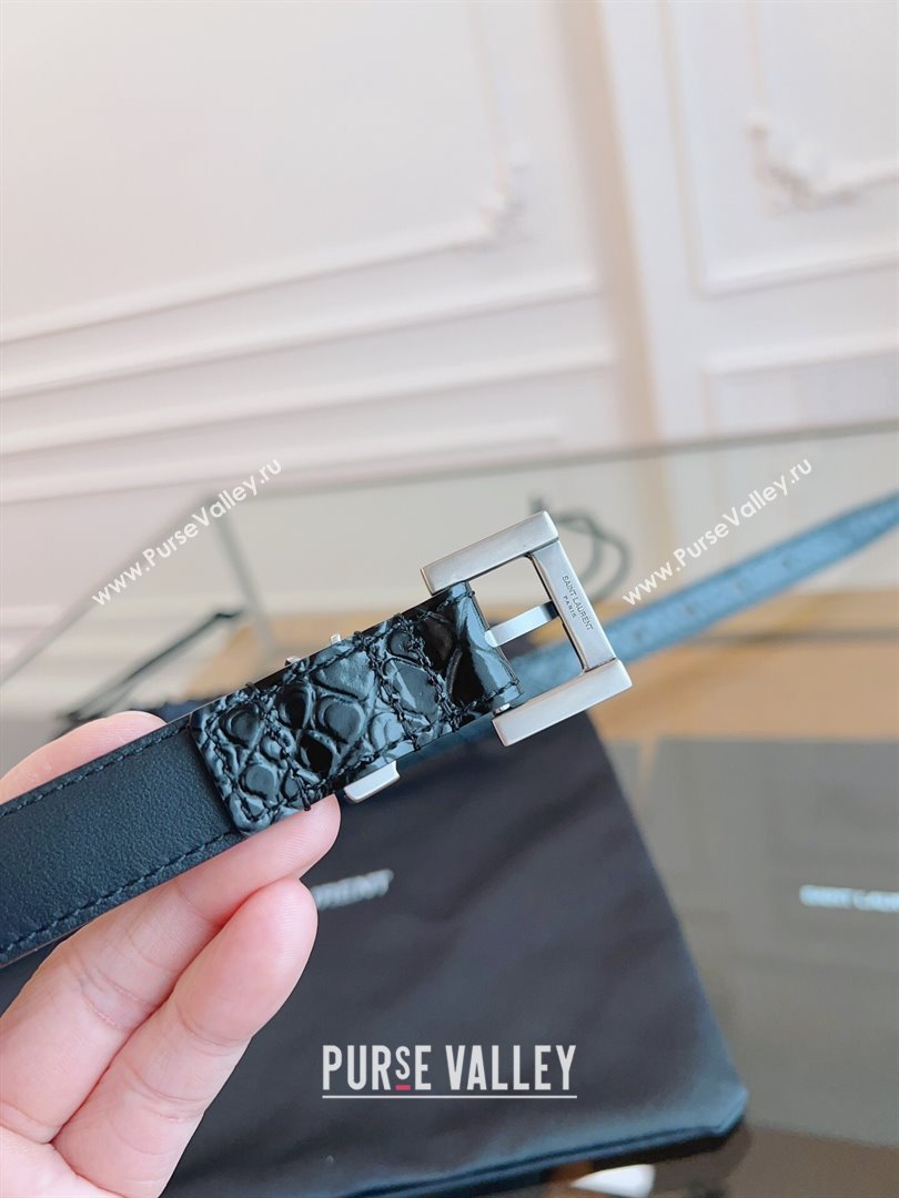 Saint Laurent Cassandra Belt in Embossed Leather Width 2cm Black/Silver 2024 (YANG-24070408)