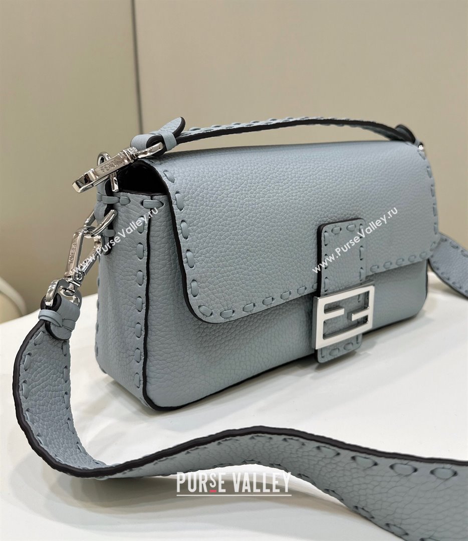 Fendi Regular Selleria Baguette bag with topstitches in Grained Calfskin Light Blue 2024 8610M (CL-241213013)