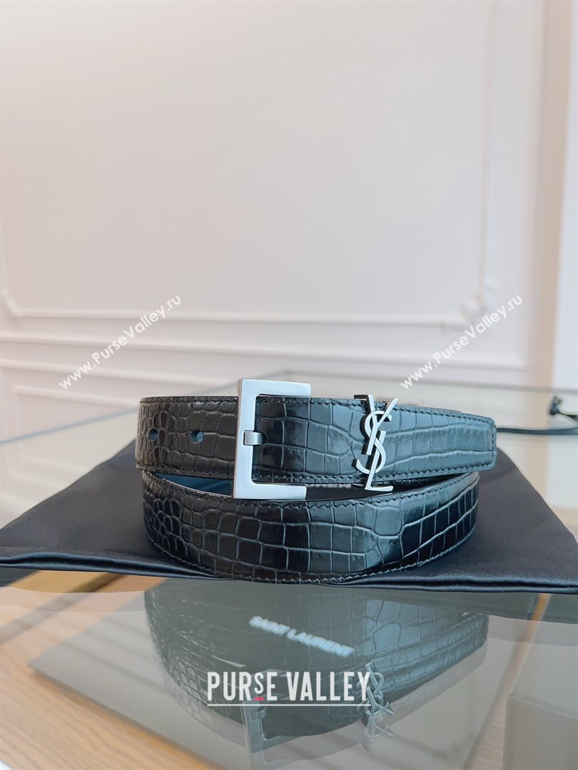 Saint Laurent Cassandra Belt in Embossed Leather Width 3cm Black/Silver 2024 (YANG-24070409)