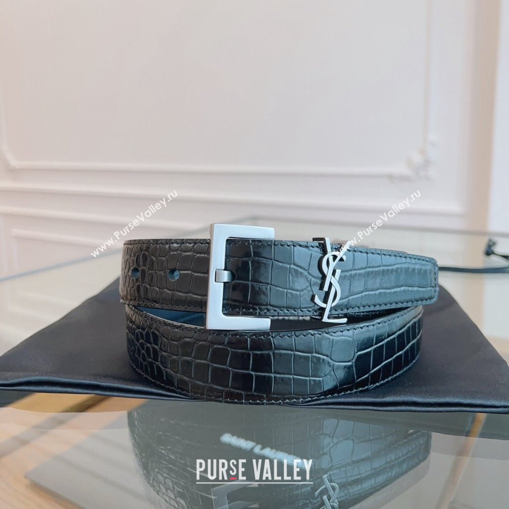 Saint Laurent Cassandra Belt in Embossed Leather Width 3cm Black/Silver 2024 (YANG-24070409)