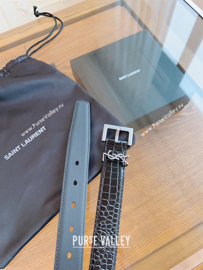 Saint Laurent Cassandra Belt in Embossed Leather Width 3cm Black/Silver 2024 (YANG-24070409)