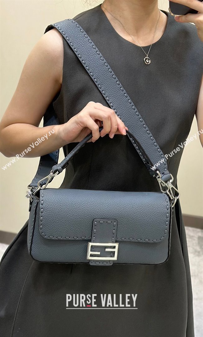 Fendi Regular Selleria Baguette bag with topstitches in Grained Calfskin Grey Blue 2024 8610M (CL-241213014)