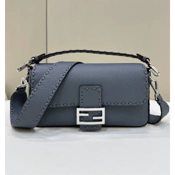 Fendi Regular Selleria Baguette bag with topstitches in Grained Calfskin Grey Blue 2024 8610M (CL-241213014)