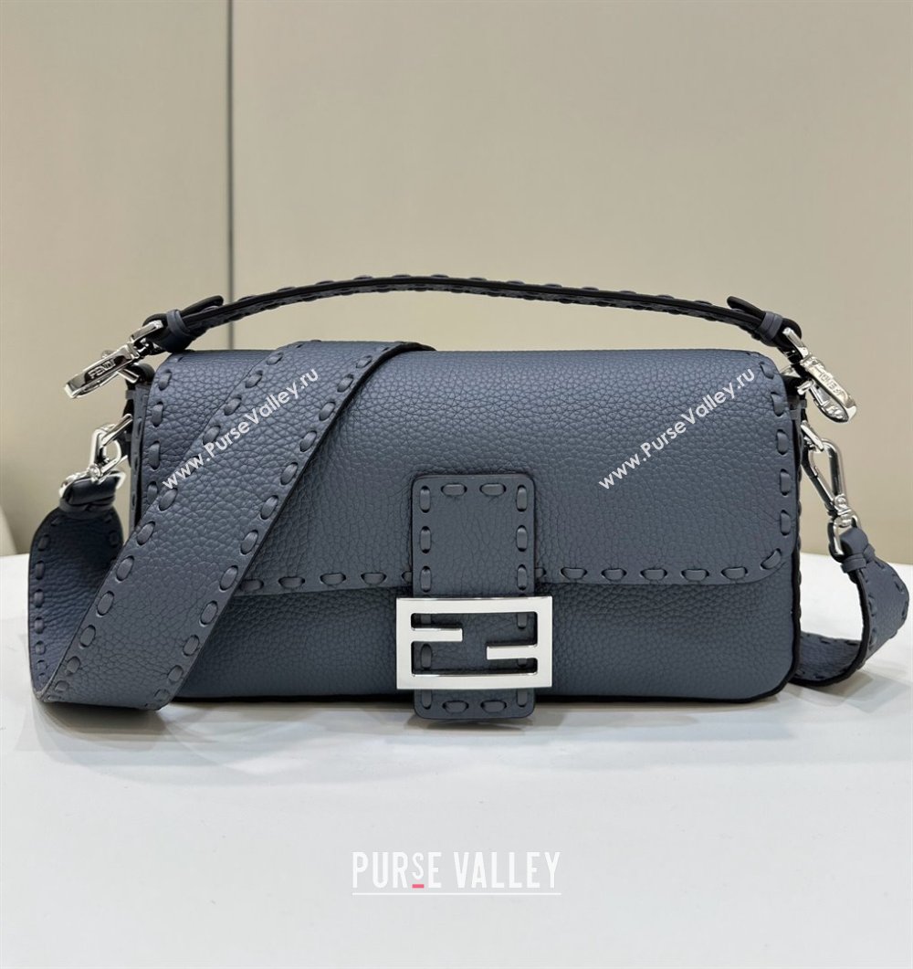 Fendi Regular Selleria Baguette bag with topstitches in Grained Calfskin Grey Blue 2024 8610M (CL-241213014)