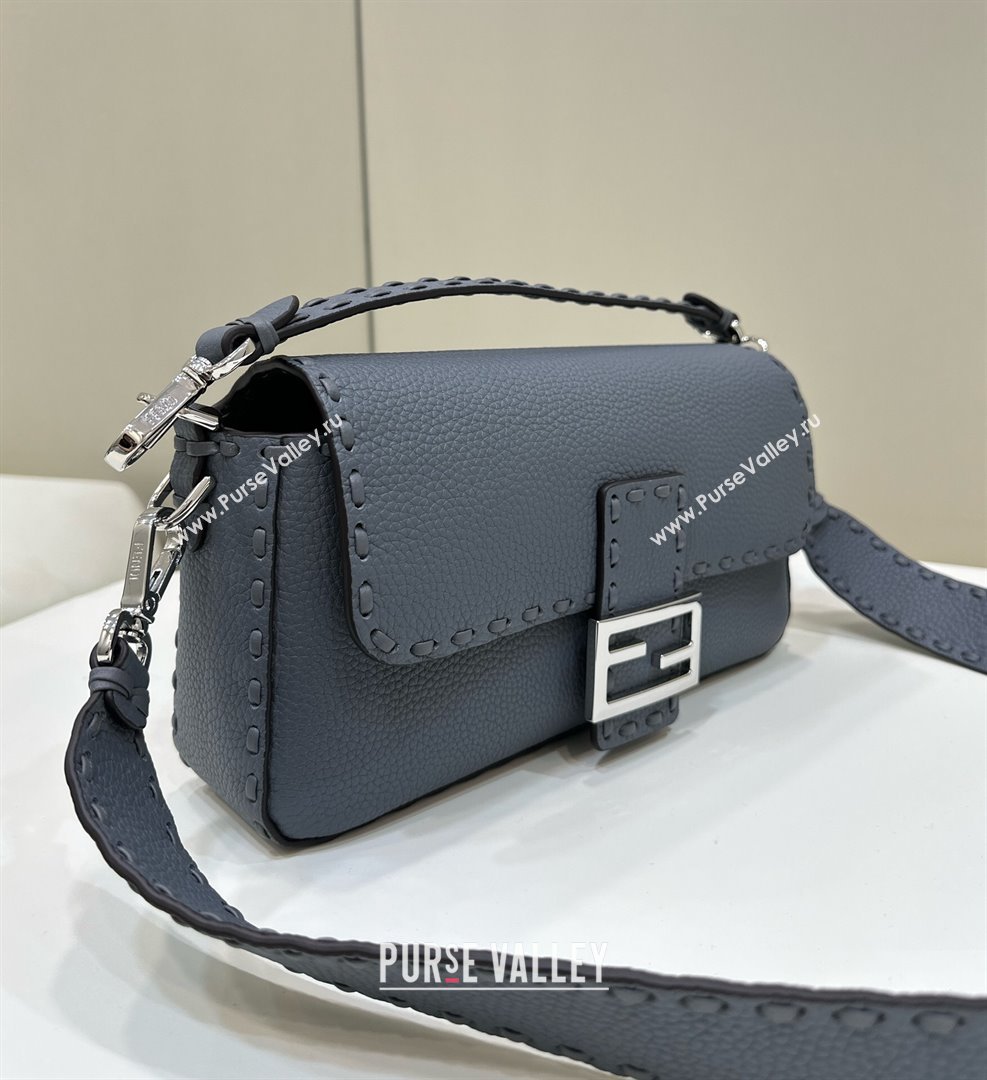 Fendi Regular Selleria Baguette bag with topstitches in Grained Calfskin Grey Blue 2024 8610M (CL-241213014)