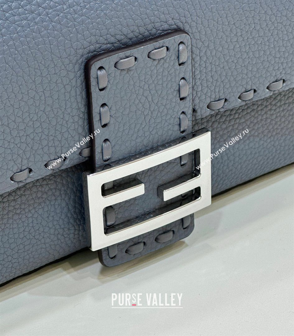 Fendi Regular Selleria Baguette bag with topstitches in Grained Calfskin Grey Blue 2024 8610M (CL-241213014)