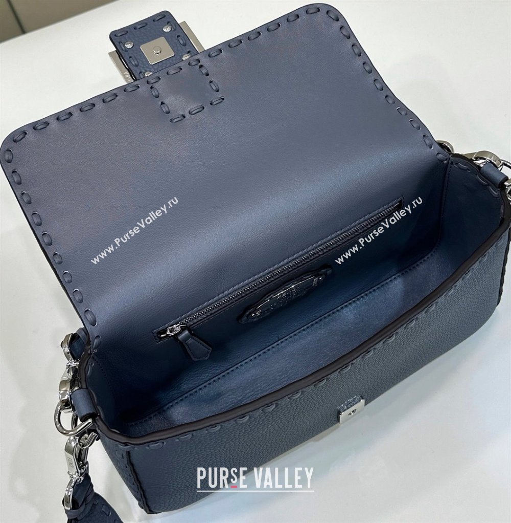 Fendi Regular Selleria Baguette bag with topstitches in Grained Calfskin Grey Blue 2024 8610M (CL-241213014)