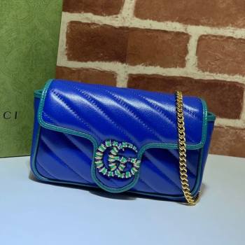 Gucci GG Marmont Leather Super Mini Bag ‎574969 Navy Blue/Turquoise 2021 (DLH-21072622)