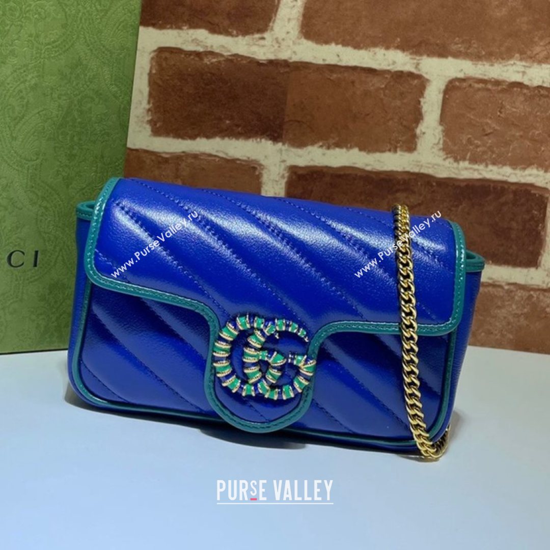 Gucci GG Marmont Leather Super Mini Bag ‎574969 Navy Blue/Turquoise 2021 (DLH-21072622)