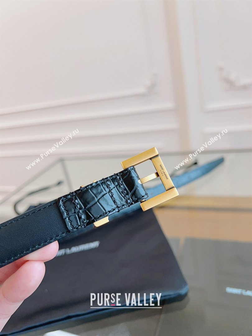 Saint Laurent Cassandra Belt in Embossed Leather Width 2cm Black/Gold 2024 (YANG-24070411)