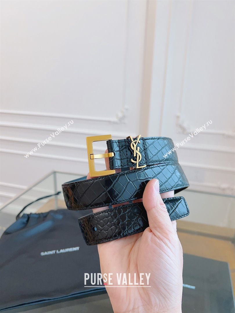 Saint Laurent Cassandra Belt in Embossed Leather Width 3cm Black/Gold 2024 (YANG-24070412)