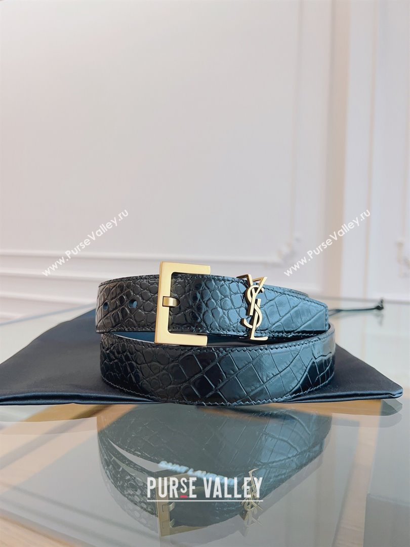 Saint Laurent Cassandra Belt in Embossed Leather Width 3cm Black/Gold 2024 (YANG-24070412)