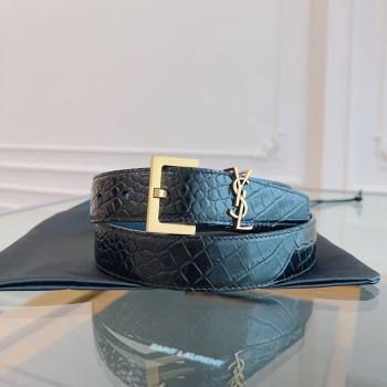 Saint Laurent Cassandra Belt in Embossed Leather Width 3cm Black/Gold 2024 (YANG-24070412)