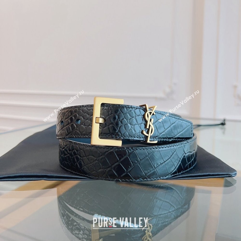 Saint Laurent Cassandra Belt in Embossed Leather Width 3cm Black/Gold 2024 (YANG-24070412)