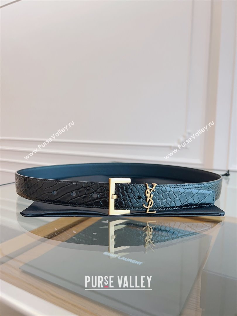 Saint Laurent Cassandra Belt in Embossed Leather Width 3cm Black/Gold 2024 (YANG-24070412)