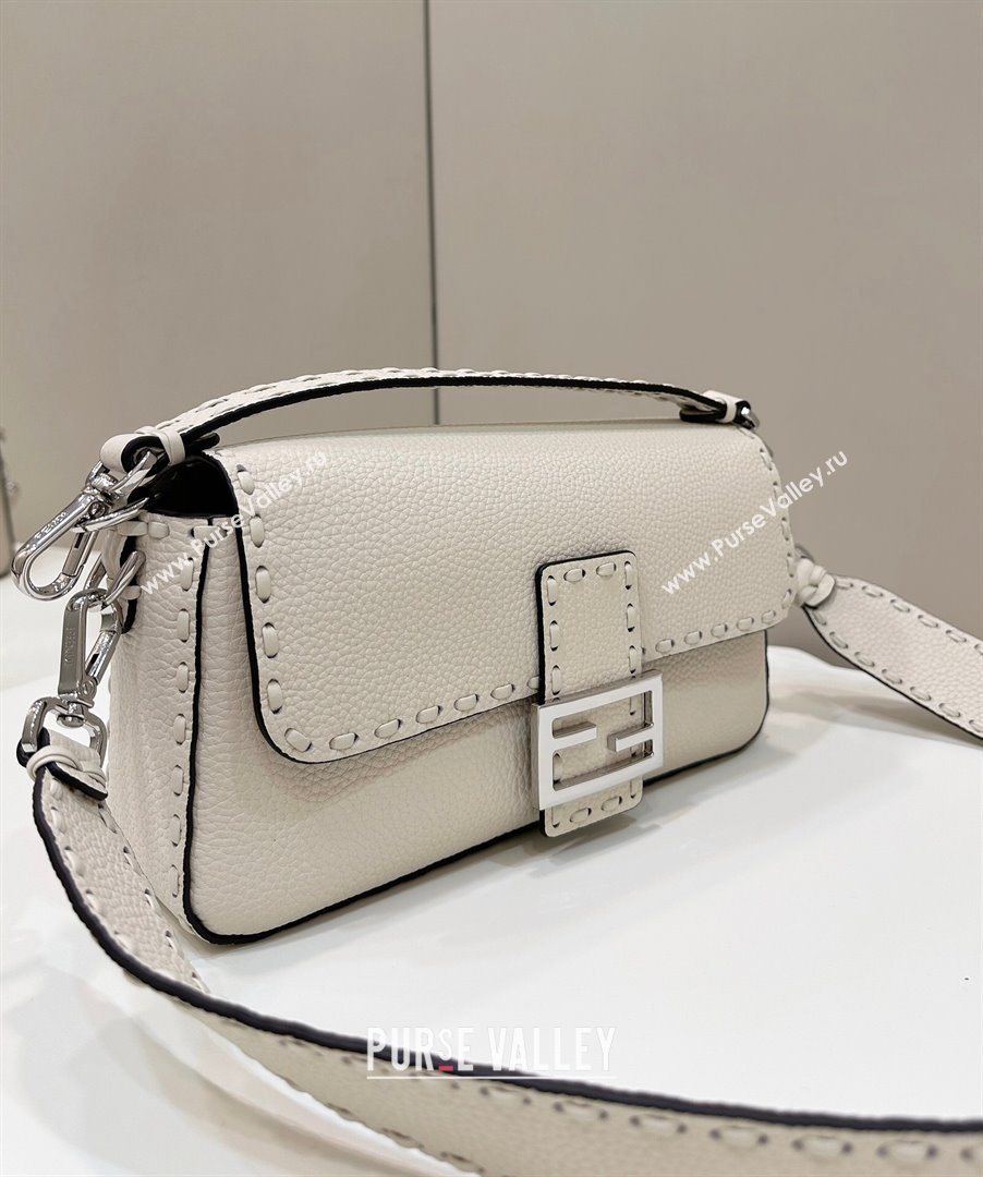 Fendi Regular Selleria Baguette bag with topstitches in Grained Calfskin White/Silver 2024 8610M (CL-241213015)