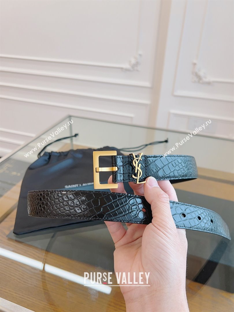 Saint Laurent Cassandra Belt in Embossed Leather Width 3cm Black/Gold 2024 (YANG-24070412)