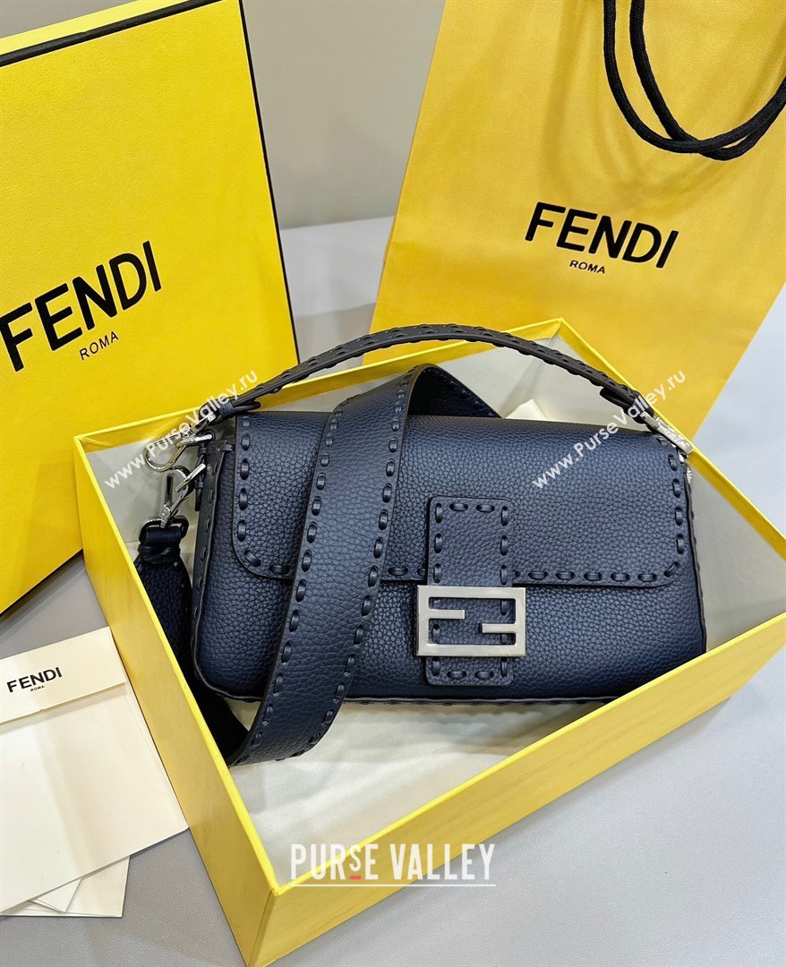 Fendi Regular Selleria Baguette bag with topstitches in Grained Calfskin Midnight Blue 2024 8610M (CL-241213016)