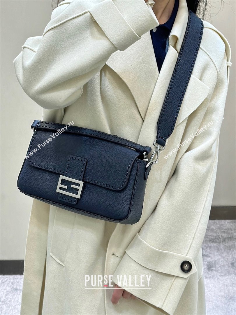 Fendi Regular Selleria Baguette bag with topstitches in Grained Calfskin Midnight Blue 2024 8610M (CL-241213016)
