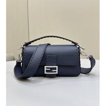 Fendi Regular Selleria Baguette bag with topstitches in Grained Calfskin Midnight Blue 2024 8610M (CL-241213016)