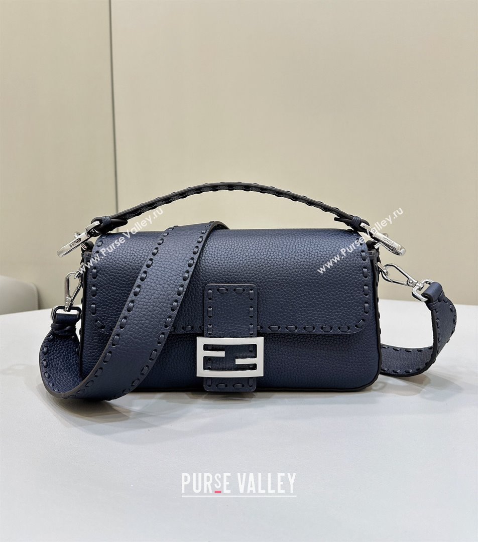 Fendi Regular Selleria Baguette bag with topstitches in Grained Calfskin Midnight Blue 2024 8610M (CL-241213016)