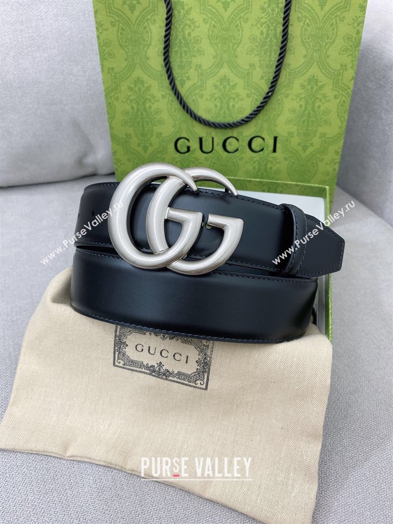 Gucci GG Belt in Smooth Calfskin Width 4cm Black/Silver 2024 (YANG-24070414)