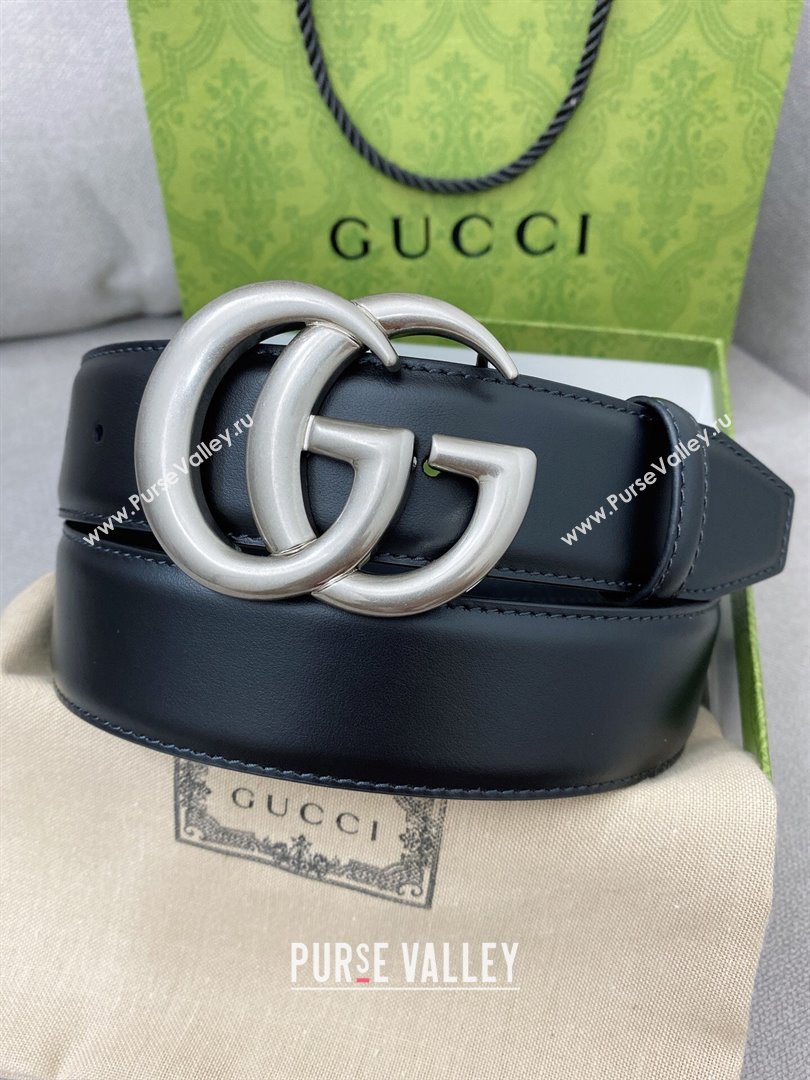 Gucci GG Belt in Smooth Calfskin Width 4cm Black/Silver 2024 (YANG-24070414)