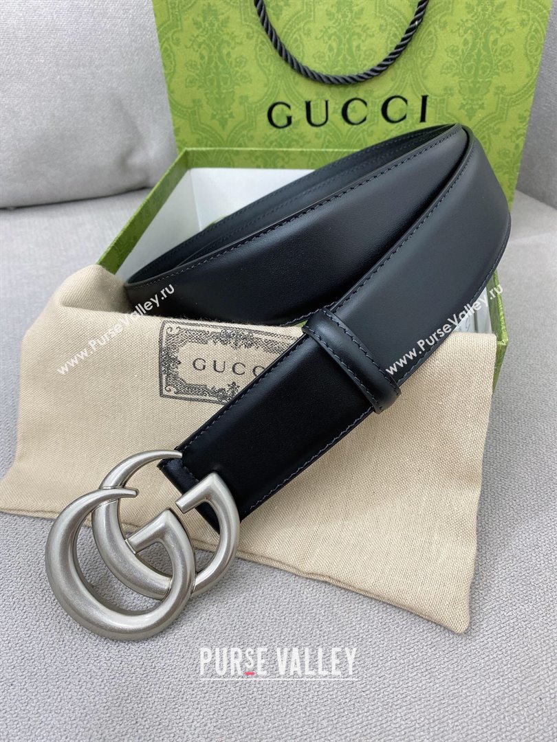 Gucci GG Belt in Smooth Calfskin Width 4cm Black/Silver 2024 (YANG-24070414)