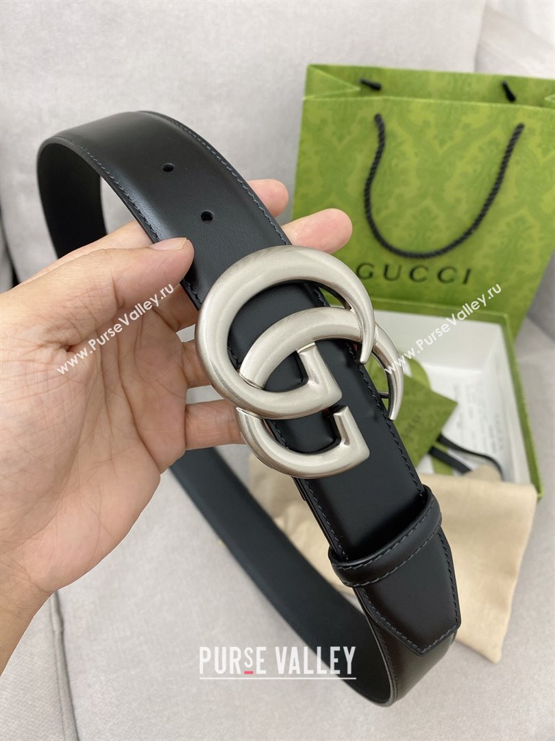 Gucci GG Belt in Smooth Calfskin Width 4cm Black/Silver 2024 (YANG-24070414)